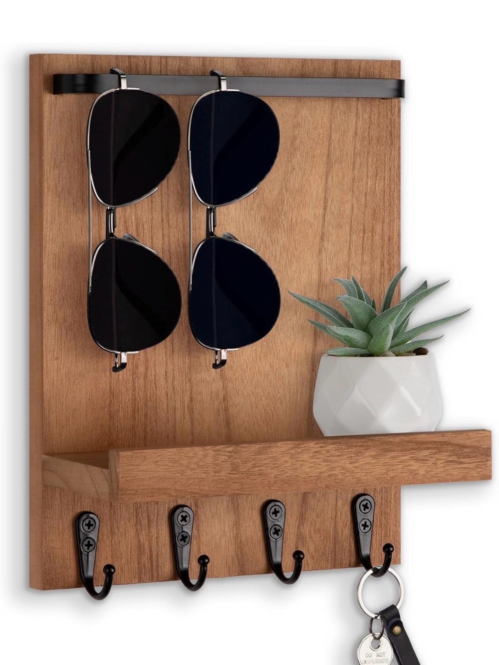 Wood Wall Organizer with Sunglass Rack and Hooks - Brown